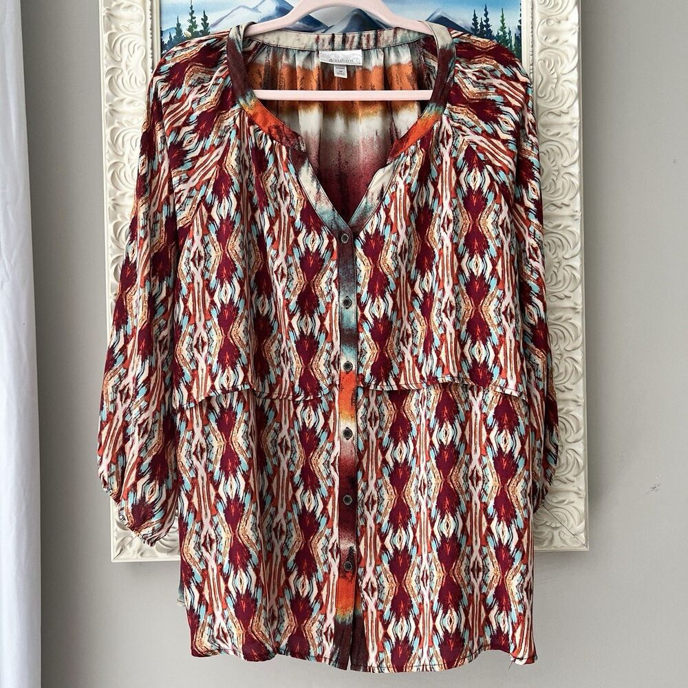 Dress Barn Top Womens 2x‎ Abstract Southwestern Geometric Balloon Sleeves artsy